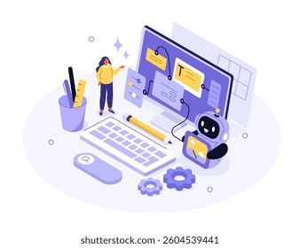 Character generating content, images, text with generative artificial intelligence tools. AI technology concept. Flat isometric vector illustration.