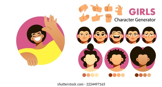 Character generator, flat people design, female pack, emotional faces, a set of hands in different gestures, vector illustration of women