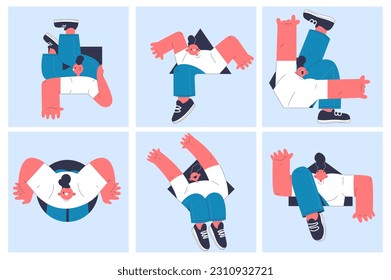 Character with geometric shapes set. Funny girl peeks out of hole and waves arms. Human looking out of triangle. Smiling person in hyperbole style. Cartoon flat vector collection on white background