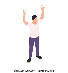 Character of gesturing man with hands up isometric icon on white background vector illustration