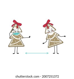 character of gingerbread cookie in the shape of a Christmas tree with sad emotions, face and mask keep distance, hands with stop gesture. Happy New Year sweet. Holiday decoration