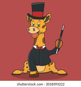 Character Giraffe With Magician Custom and Relax Expression, Red Colors Background, Mascot, Icon, Character or Logo, Vector and Illustration.