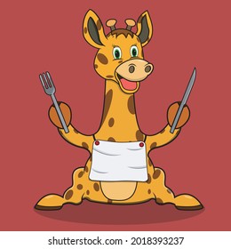 Character Giraffe Ready For Eat, Red Colors Background, Mascot, Icon, Character or Logo, Vector and Illustration.