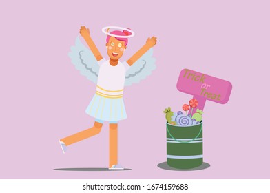 A character of a girl with an angel dress finds a pile of candy, Halloween theme. Simple character vector illustration, this illustration can use as a sticker also.