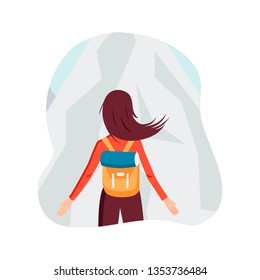 Character of girl with backpack in mointains in flat style