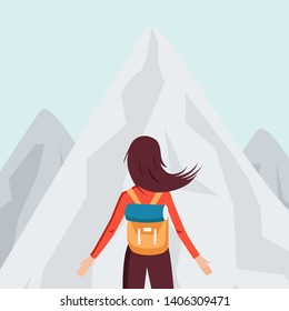 Character of girl with backpack in mointains in flat style