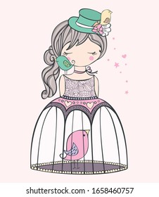 Character girl with birdcage dress surrounded by birds