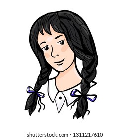 Character, girl with black hair. Vector illustration.