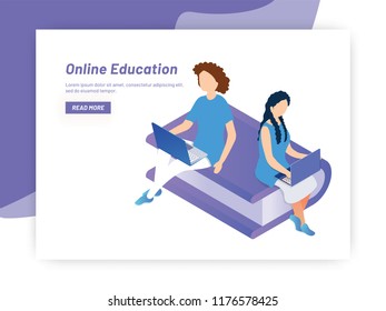 Character of girl and boy preparing through laptop for Online education concept, Responsive landing page design.