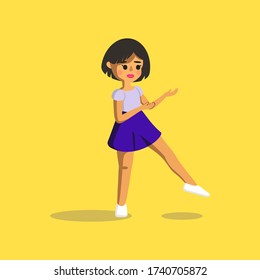 The character is a girl in a cartoon style. Doll on a yellow background. A girl in a skirt stands on one leg.