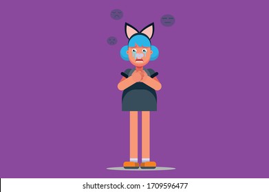 A character of a girl with a cat dress feeling so sad. Halloween theme. Simple character vector illustration, this illustration can use as a sticker also.