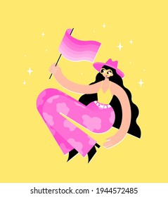 A character to a girl in a cowboy hat and cow-spotted trousers waving a striped pink flag. Support for the LGBT community. Flat bright vector illustration