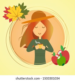 character girl with a cup in her hands and wearing a hat, autumn composition