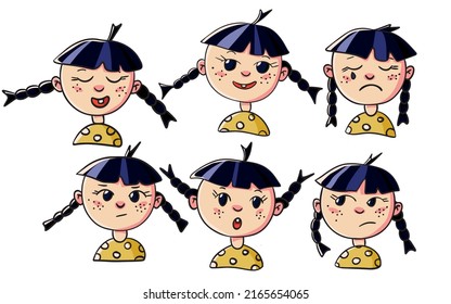 The character of a girl with dark hair in yellow clothes shows six different emotions