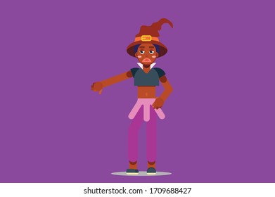 A character of a girl dressed in a witch costume thumb down. Simple character vector illustration, this illustration can use as a sticker also.