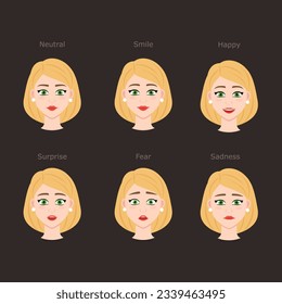 Character girl faces set. Pack of women emotions for animation, game, education or advertisign. Avatar of beautifull lady