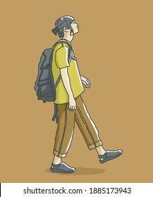 Caracter de niña que se enfrenta cuando camina. ilustraciones de diseño de contorno vectorial de estilo dibujado a mano.