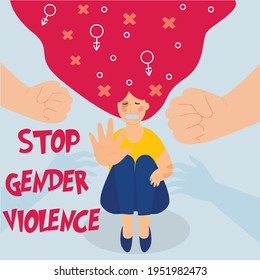  Character girl getting abused verbally and physically. Stop bullying women banner. Depressed young woman victim of bullying and criticism background. Stop domestic gender violence concept. Vector.