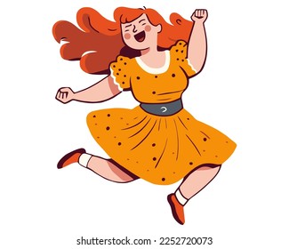 character girl jumping for joy and dancing. girl in a yellow dress. flat vector illustration.