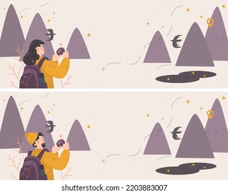 The character is a girl or a man (optional). Character surrounded by mountains. In his hands is a compass to go on a dream trip.