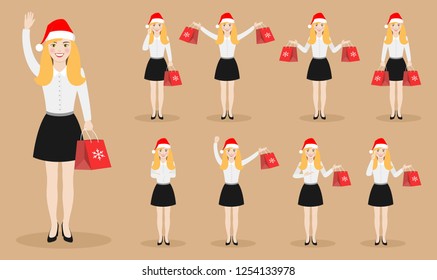Character girl in a New Year's cap with Christmas gifts in various poses. Set of flat illustrations on a beige background.