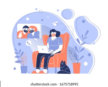 The character of the girl in a protective medical mask communicates remotely over the network. Stay home during the coronavirus pandemic. Home quarantine. Vector illustration.