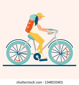 Character of girl riding a bicycle in flat style.