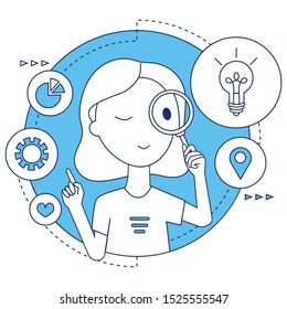 Character girl search engine optimization. Search solutions concept icon. Flat simple line illustration in color.