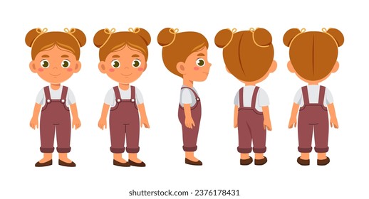 Juego de caracteres. Niño con ropa informal en diferentes ángulos. Escolar y preescolar. Empaquetar animaciones. Plantilla y diseño. Colección vectorial plana de dibujos animados aislada en fondo blanco