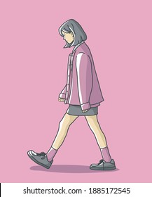 Character girl short hair when walking. hand drawn style vector outline design illustrations.