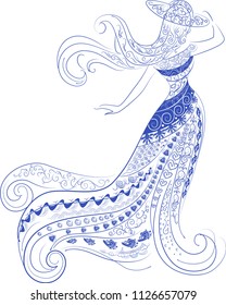 Character girl stylized from blue patterns in a hat with wide margins, flying wavy hair and in a waving long dress with nautical themes on a white background. Vector illustration, EPS 8.