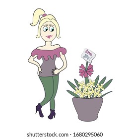 Character girl surprise flowers declaration of love