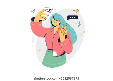 Menina personagem tirando foto de selfie com o telefone celular. Feliz elegante colorido Desenho Animado Vetor Ilustração plana. Linha minimalista, abstrata