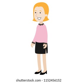 The character of a girl wearing a light pink shirt and black skirt.