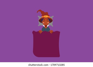 A character of a girl wearing a witch costume lay sick. Halloween theme. Simple character vector illustration, this illustration can use as a sticker also.