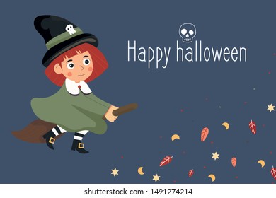 Character girl witch. Children's costume for Halloween. Illustration in a flat style. For advertising, banner or post on social networks. Design for children’s book or print.