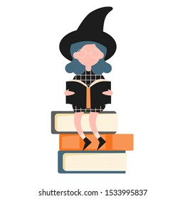 Character girl witch. Halloween idea. A girl is studying books of magic. Vector illustration in a modern style. For web banner.
