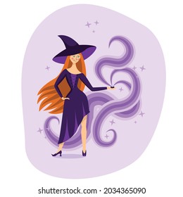 Character girl witch in a purple hat with a magic potion and tongues of flame