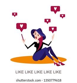 Character girls sends huskies. Young slim woman with pink hair in a hat with a phone in her hand sends a message to the social network. Vector illustration in cartoon style.