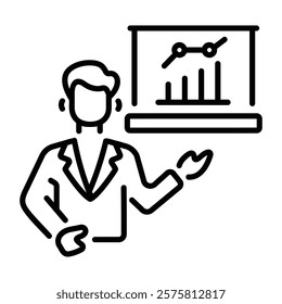 A character giving business presentation, line style icon 