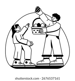Un personaje dando regalo de Pascua a un niño, ilustración de glifo 