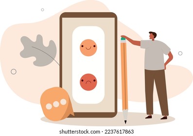 character giving feedback and choosing emoji to show satisfaction rating. Customer user experience concept.