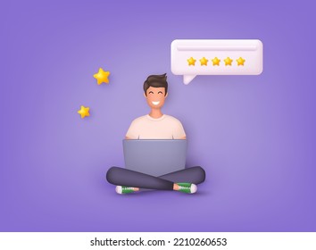 	
Character Giving Five Star Feedback. Vector customer review concepts. Reviews stars with good and bad rate and text. 3D Web Vector Illustrations.