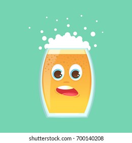 Character glass with beer, foam and bubbles. Scared, in shock, scattered foam. Sticker for the messenger and other communication links. Vector illustration in a cartoon style.
