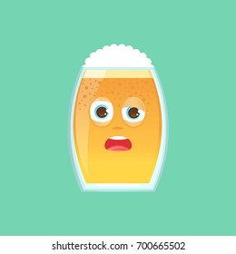 Character glass with beer, foam and bubbles. Emotional icon. Drunk, sleepy, tired with squinted eyes, in perplexity. To the day of the Oktoberfest. Stickers for messenger and other communications. 