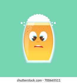 Character glass with beer, foam and bubbles. Ludicrous, funny, awkward looks at his nose, crossed eyes. Emotional icon. Oktoberfest. Stickers for messenger and other communications. 