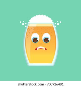 Character glass with beer, foam and bubbles. Emotional icon. In an awkward position, uncomfortable, feeling guilty. Oktoberfest. Stickers for messenger and other communications. Vector illustration.