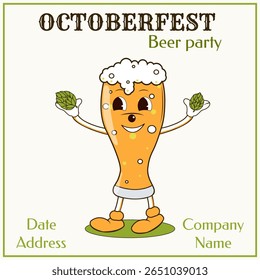 Cerveja de vidro de personagem, estilo groovy, mascote, cones de lúpulo nas mãos, sorriso, Oktoberfest, Festa de cerveja, convite, cartaz, folheto