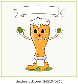 Character glass beer, groovy style, mascot, light background, hop cones in hands, smile, text field, Beer party, invitation, poster, flyer, hops