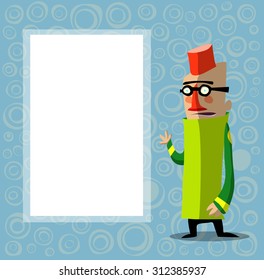character with glasses and fez in front of poster for text